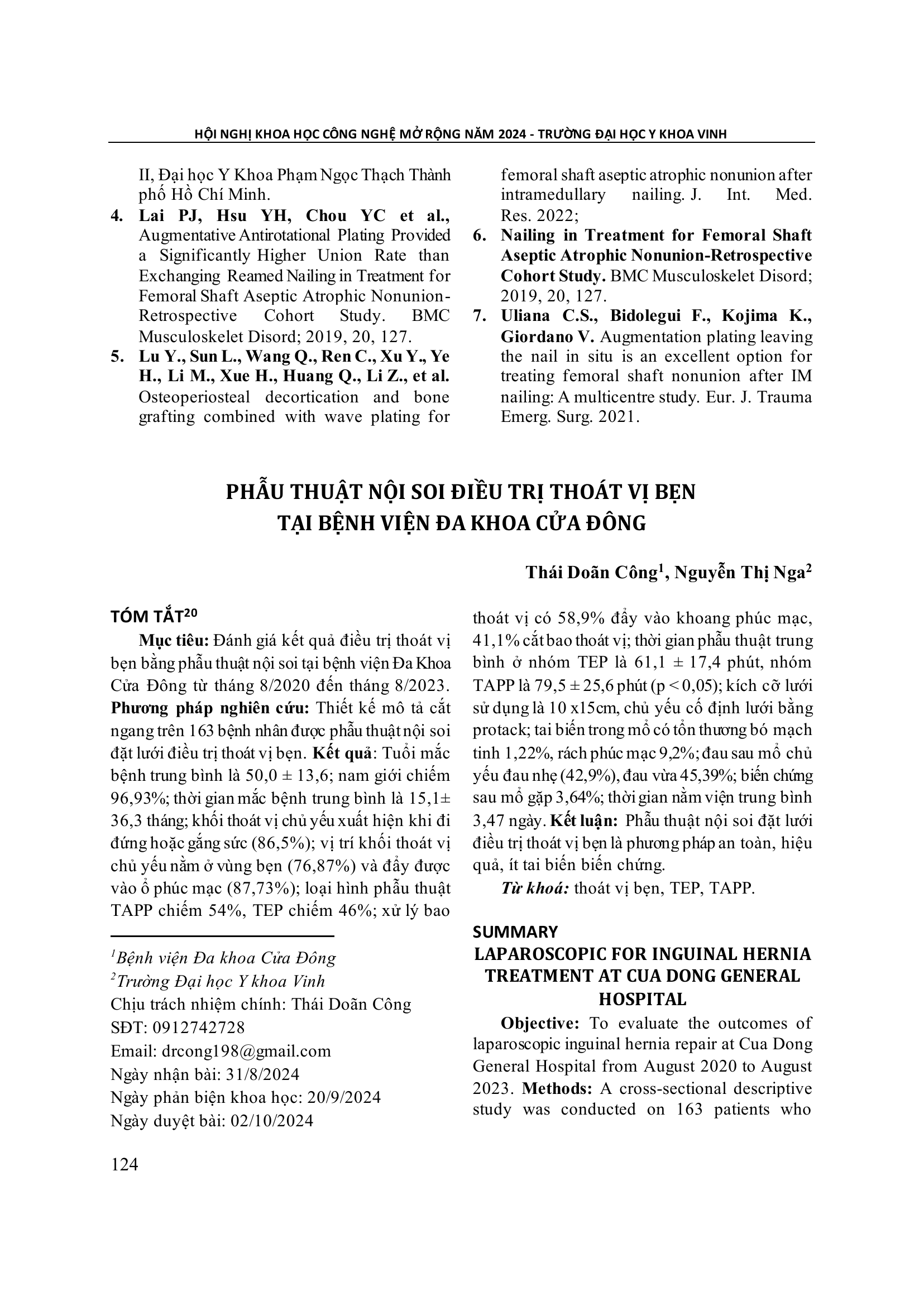 Phẫu thuật nội soi điều trị thoát vị bẹn tại Bệnh viện Đa khoa Cửa Đông