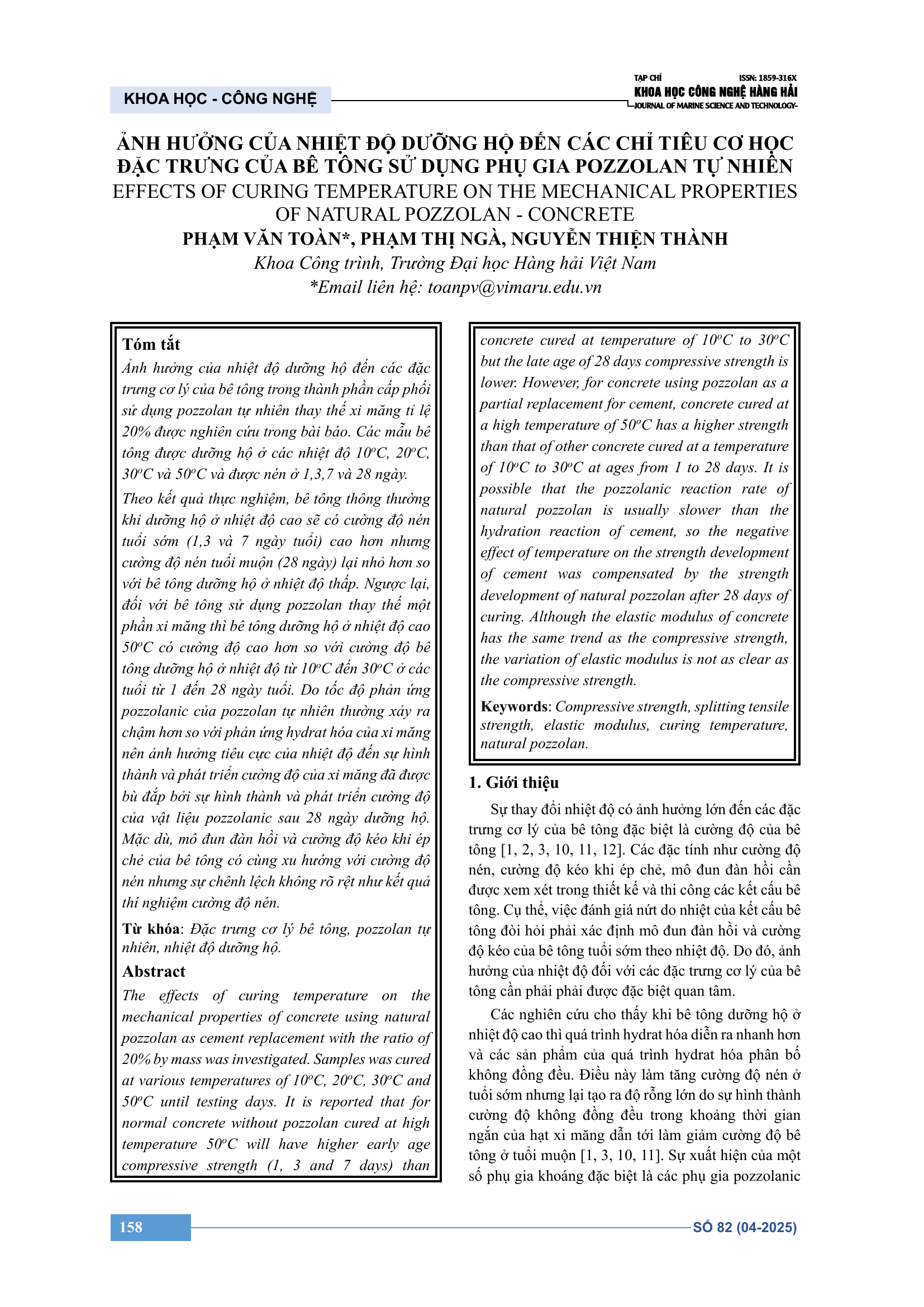 Ảnh hưởng của nhiệt độ dưỡng hộ đến các chỉ tiêu cơ học đặc trưng của bê tông sử dụng phụ gia pozzolan tự nhiên