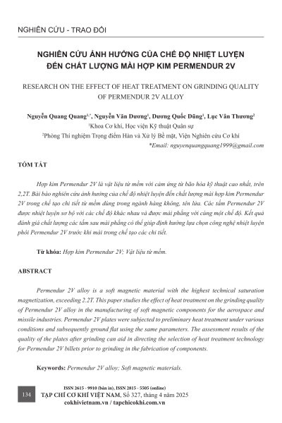 Nghiên cứu ảnh hưởng của chế độ nhiệt luyện đến chất lượng mài hợp kim Permendur 2V