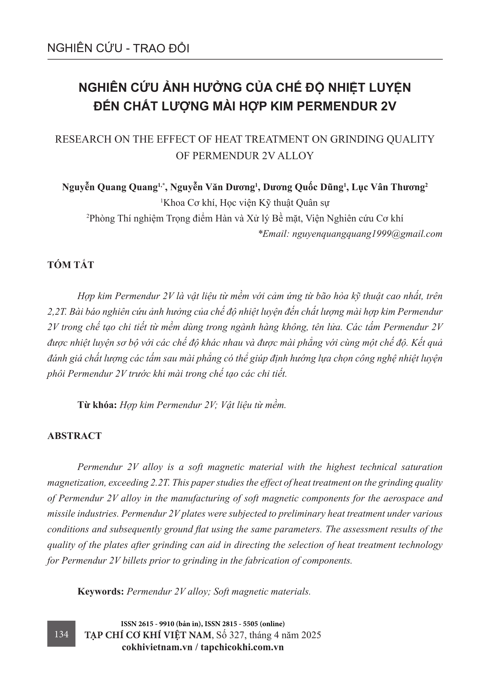 Nghiên cứu ảnh hưởng của chế độ nhiệt luyện đến chất lượng mài hợp kim Permendur 2V