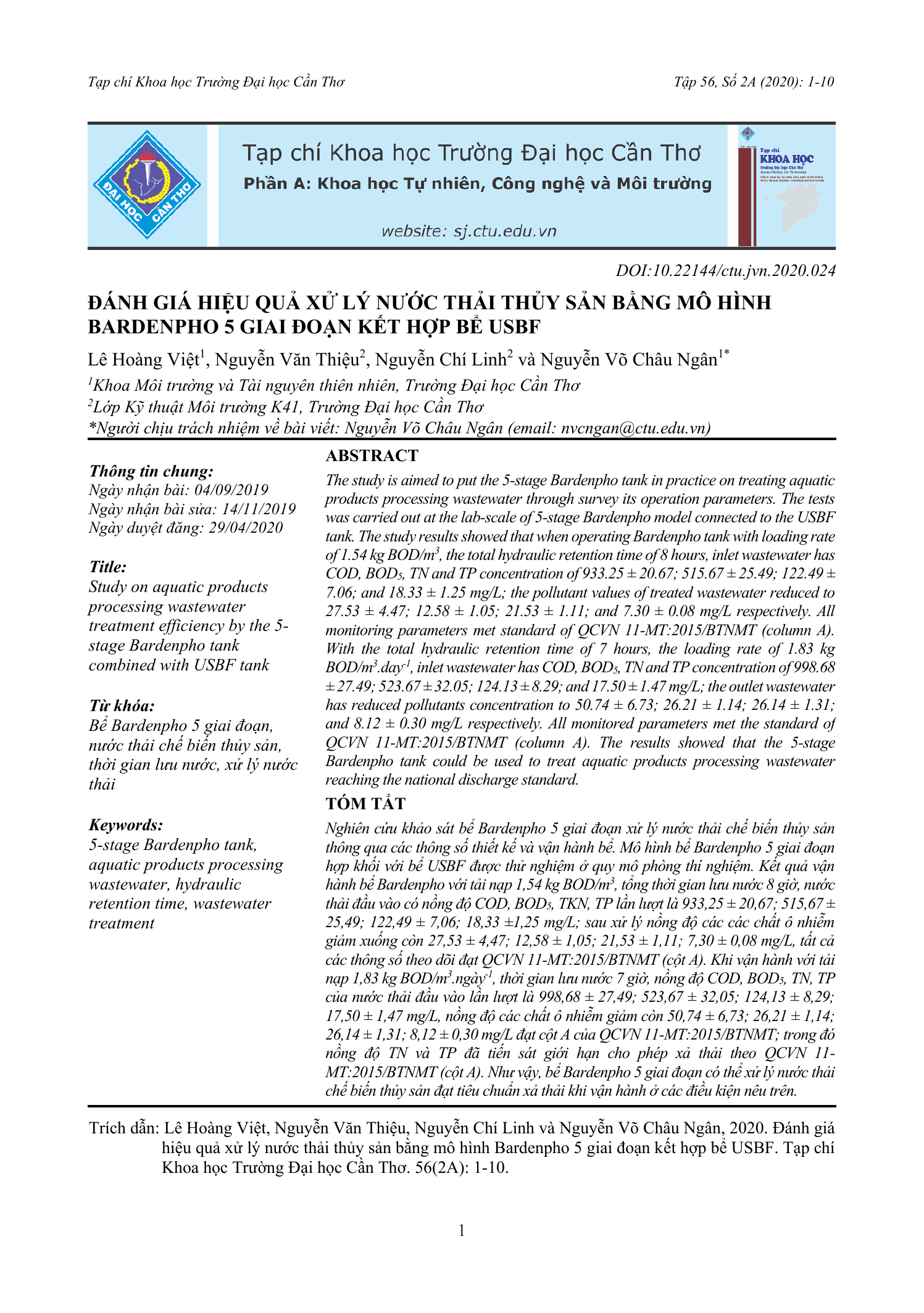 Đánh giá hiệu quả xử lý nước thải thủy sản bằng mô hình Bardenpho 5 giai đoạn kết hợp bể USBF