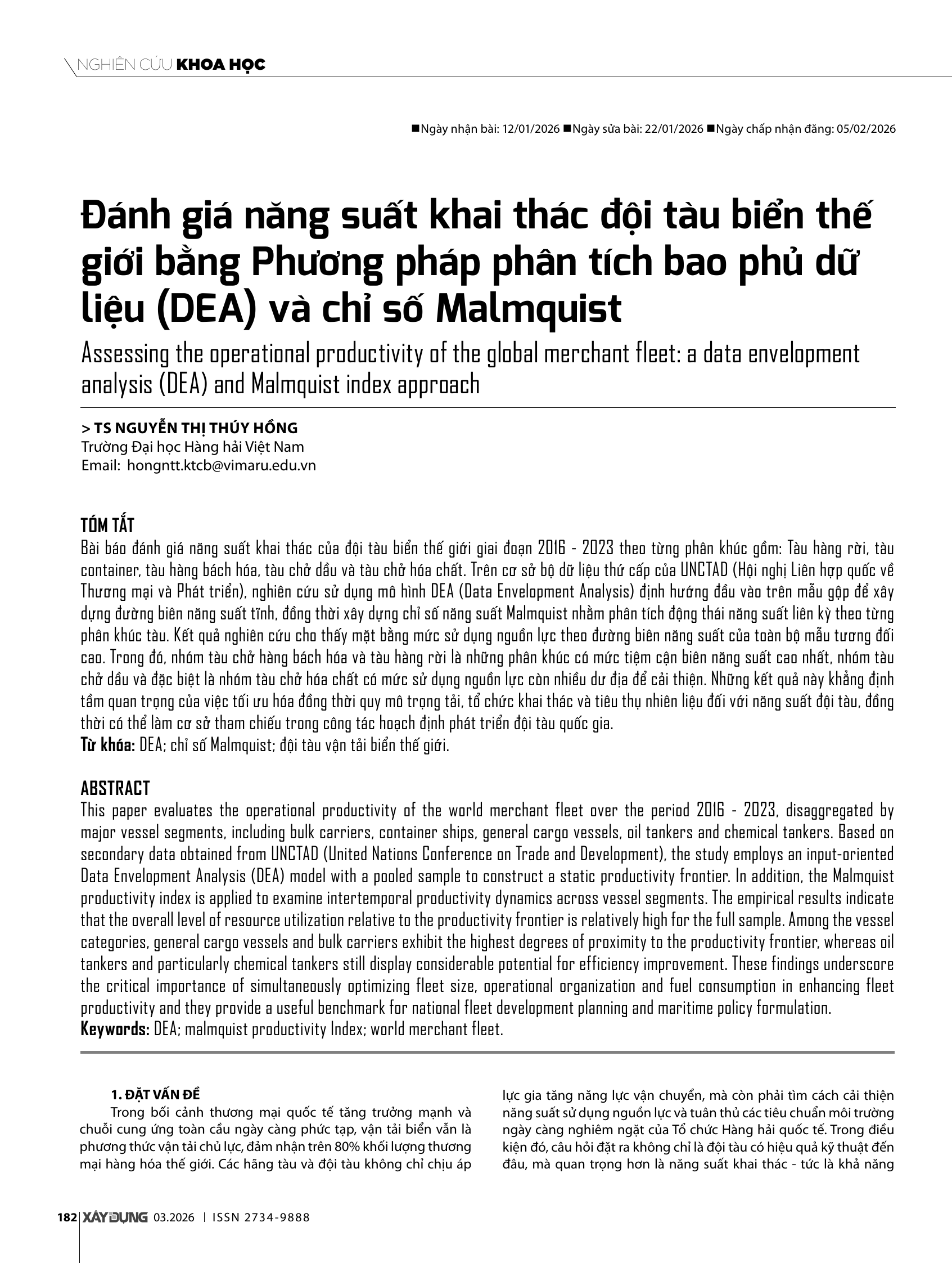 Đánh giá năng suất khai thác đội tàu biển thế giới bằng Phương pháp phân tích bao phủ dữ liệu (DEA) và chỉ số Malmquist