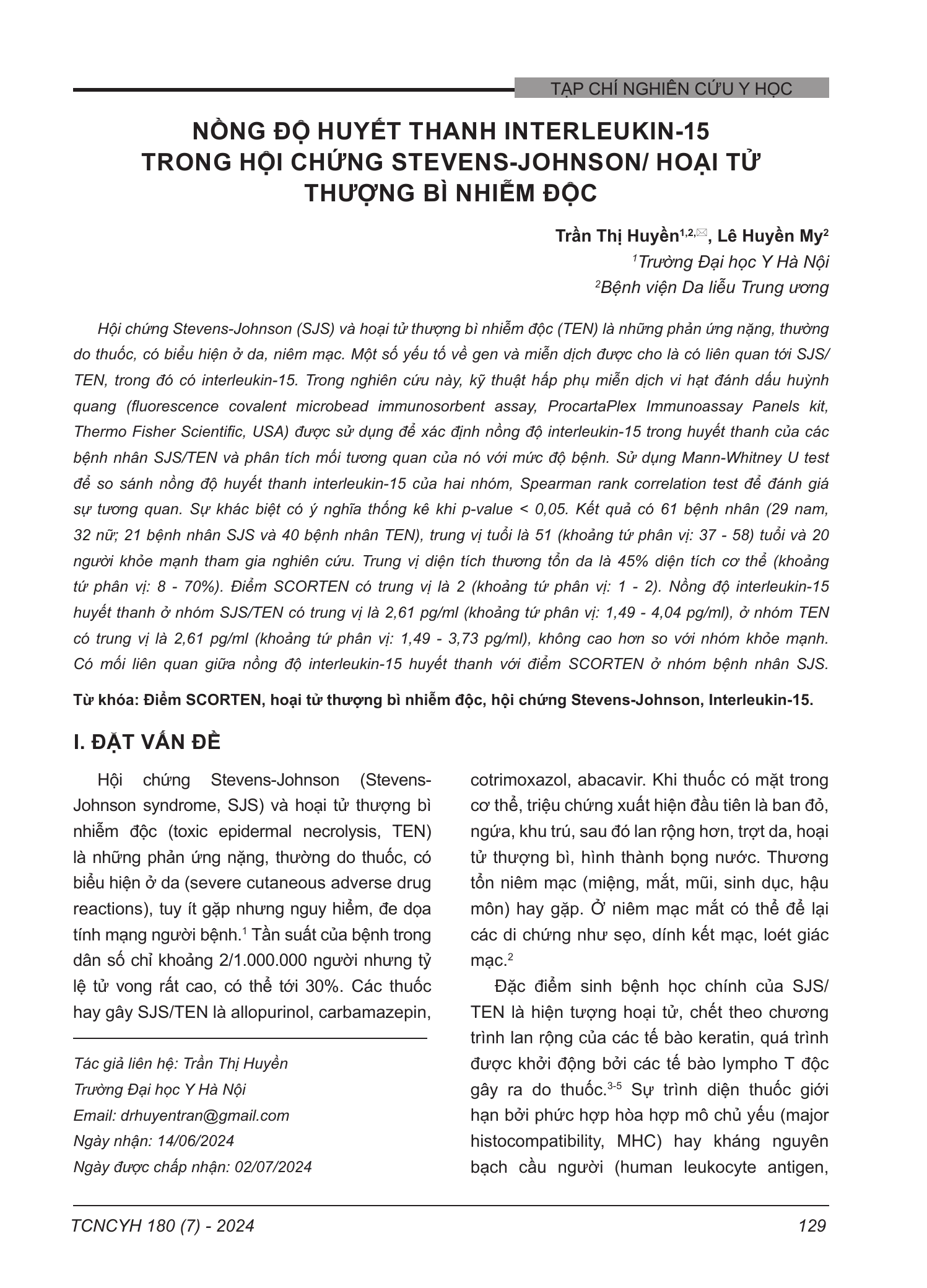 Nồng độ huyết thanh Interleukin-15 trong hội chứng Stevens-Johnson/ hoại tử thượng bì nhiễm độc