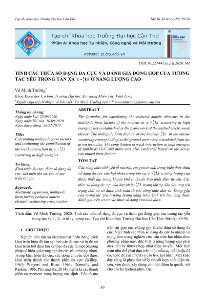 Tính các thừa số dạng đa cực và đánh giá đóng góp của tương tác yếu trong tán xạ e⁻ - ⁶Li ở năng lượng cao