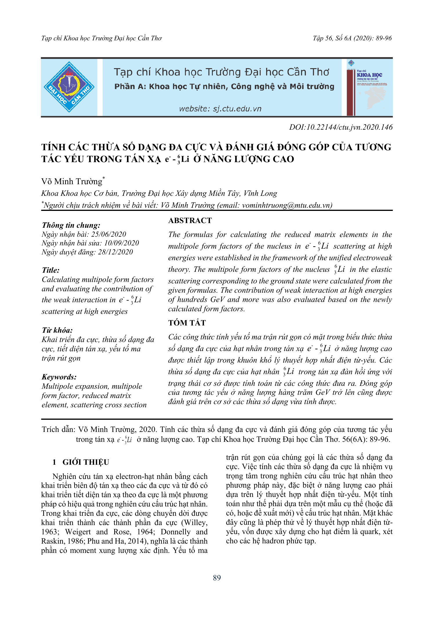 Tính các thừa số dạng đa cực và đánh giá đóng góp của tương tác yếu trong tán xạ e⁻ - ⁶Li ở năng lượng cao