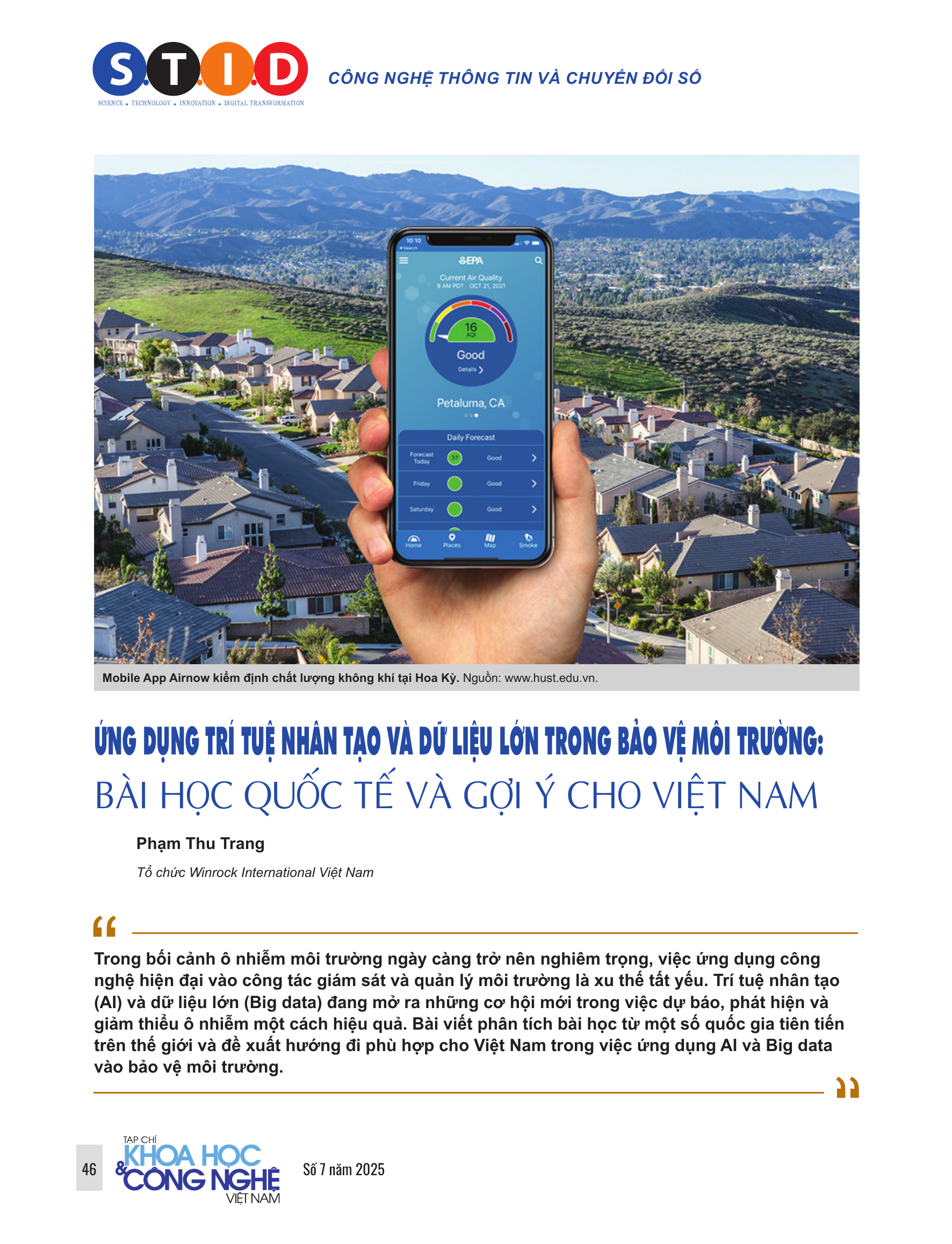 Ứng dụng trí tuệ nhân tạo và dữ liệu lớn trong bảo vệ môi trường: Bài học quốc tế và gợi ý cho Việt Nam