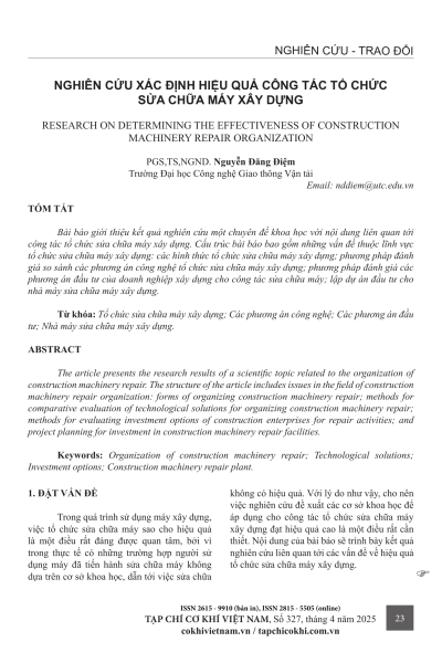 Nghiên cứu xác định hiệu quả công tác tổ chức sửa chữa máy xây dựng