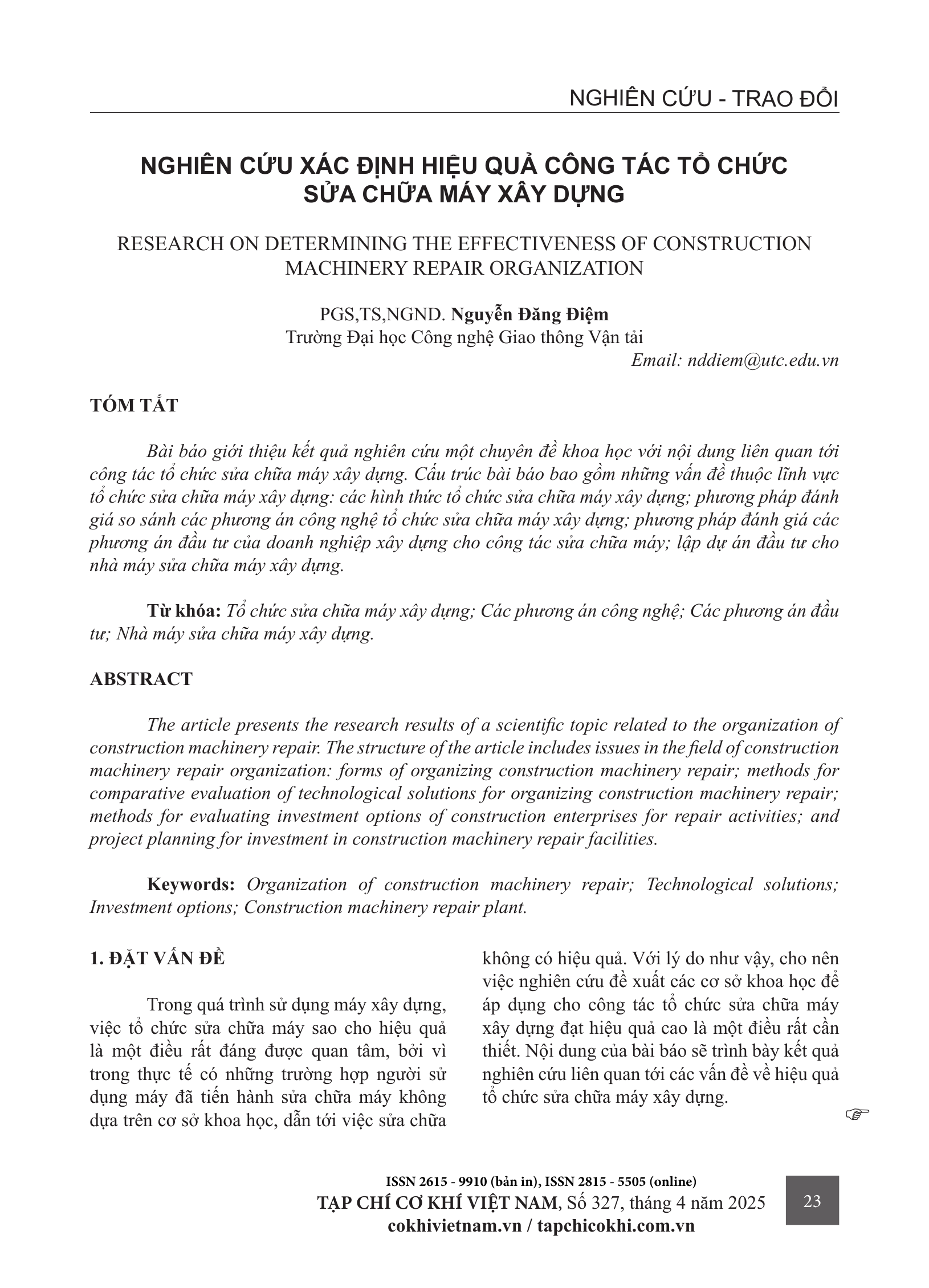 Nghiên cứu xác định hiệu quả công tác tổ chức sửa chữa máy xây dựng