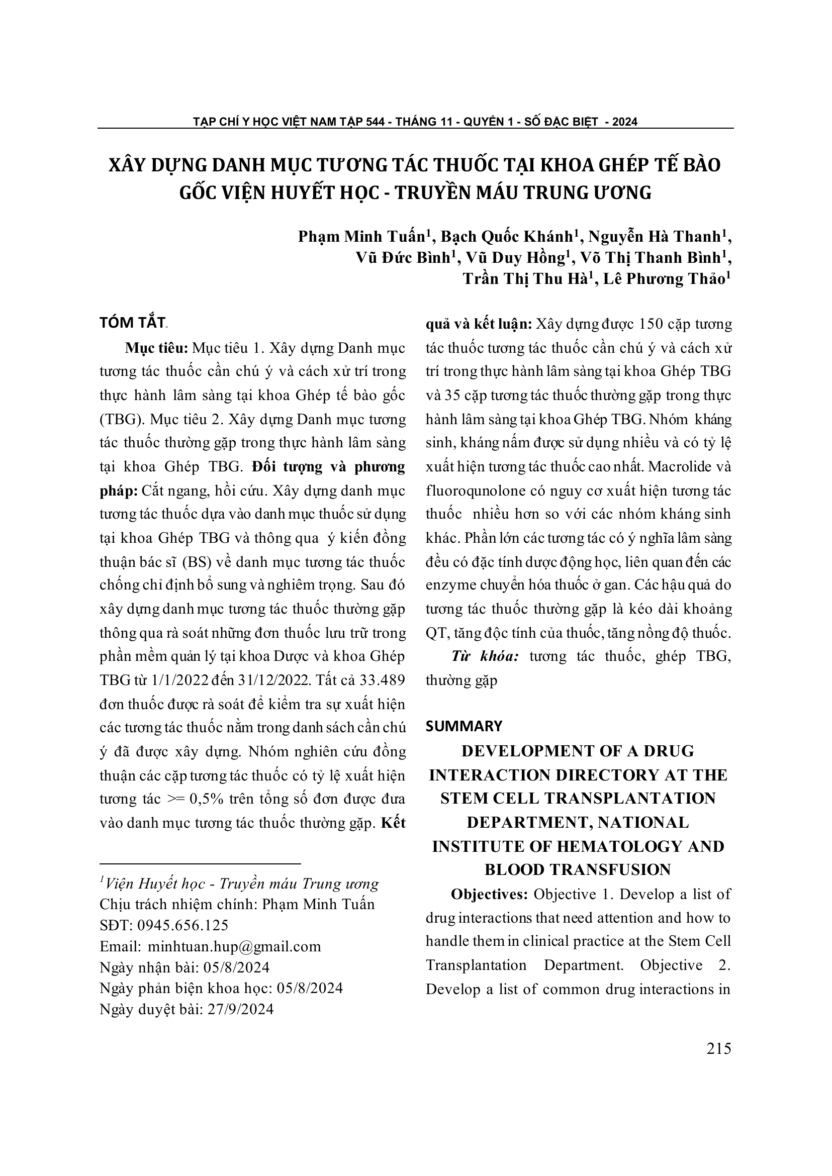Xây dựng danh mục tương tác thuốc tại khoa ghép tế bào gốc Viện Huyết học - Truyền máu Trung ương