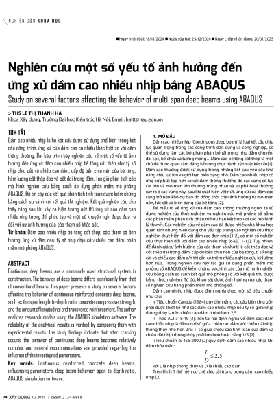 Nghiên cứu một số yếu tố ảnh hưởng đến ứng xử dầm cao nhiều nhịp bằng ABAQUS