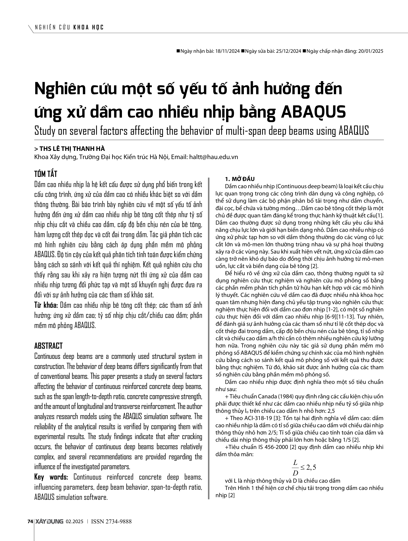 Nghiên cứu một số yếu tố ảnh hưởng đến ứng xử dầm cao nhiều nhịp bằng ABAQUS