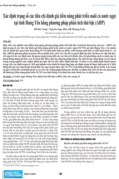Xác định trọng số các tiêu chí đánh giá tiềm năng phát triển nuôi cá nước ngọt tại tỉnh Hưng Yên bằng phương pháp phân tích thứ bậc (AHP)