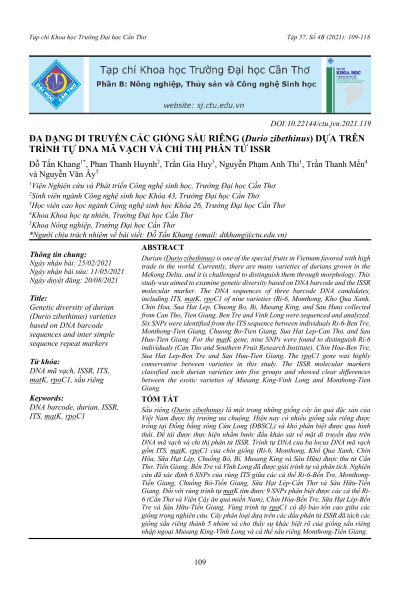 Đa dạng di truyền các giống sầu riêng (Durio zibethinus) dựa trên trình tự DNA mã vạch và chỉ thị phân tử ISSR