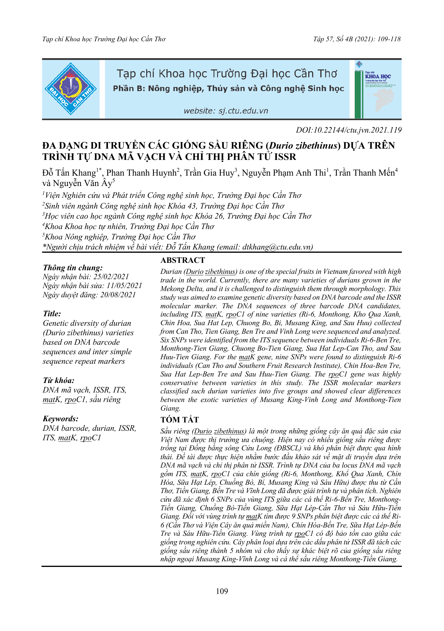 Đa dạng di truyền các giống sầu riêng (Durio zibethinus) dựa trên trình tự DNA mã vạch và chỉ thị phân tử ISSR