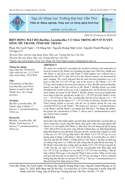 Biến động mật độ Bacillus, Lactobacillus và Vibrio trong bùn ở tuyến sông Mỹ Thanh, tỉnh Sóc Trăng