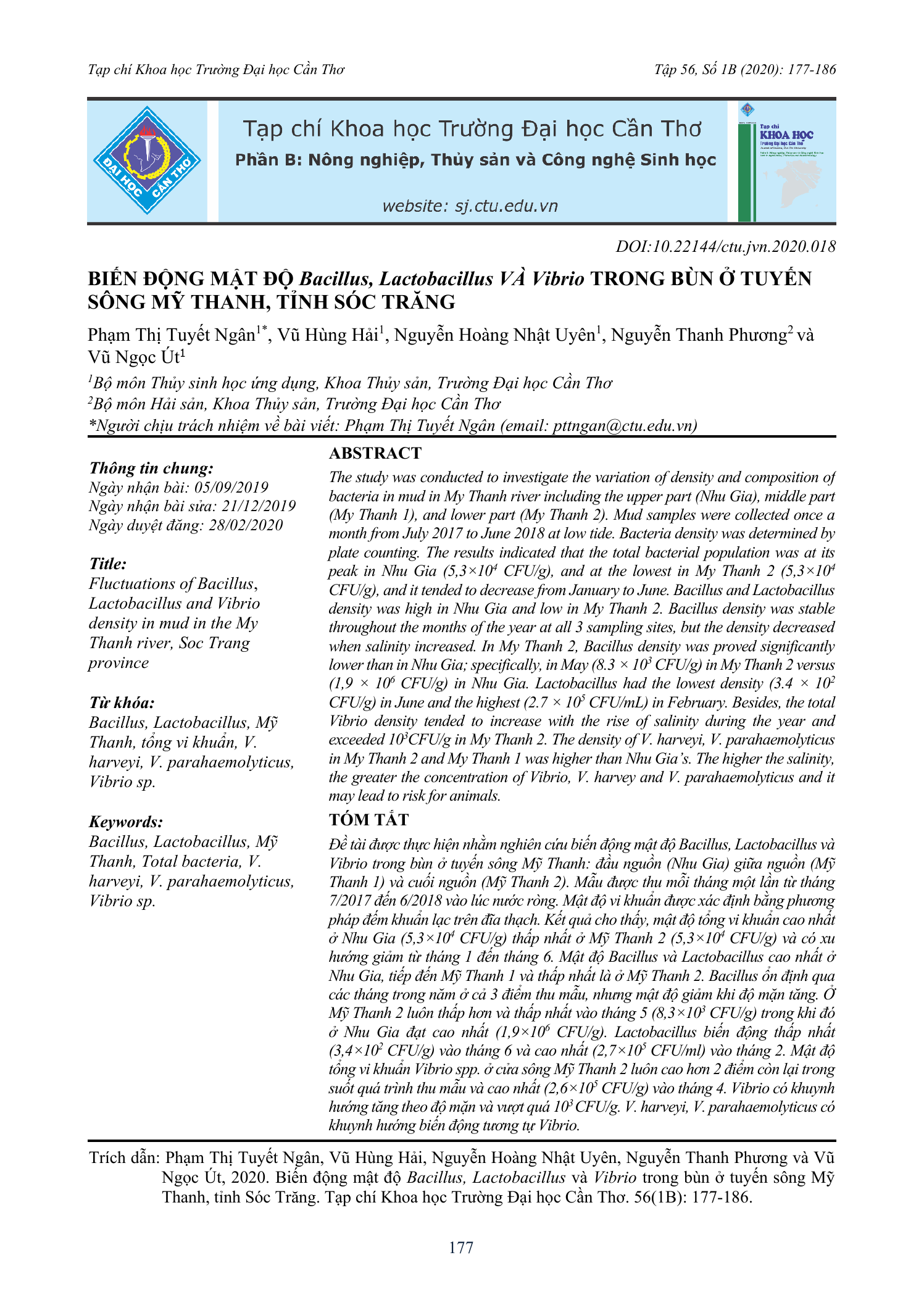 Biến động mật độ Bacillus, Lactobacillus và Vibrio trong bùn ở tuyến sông Mỹ Thanh, tỉnh Sóc Trăng