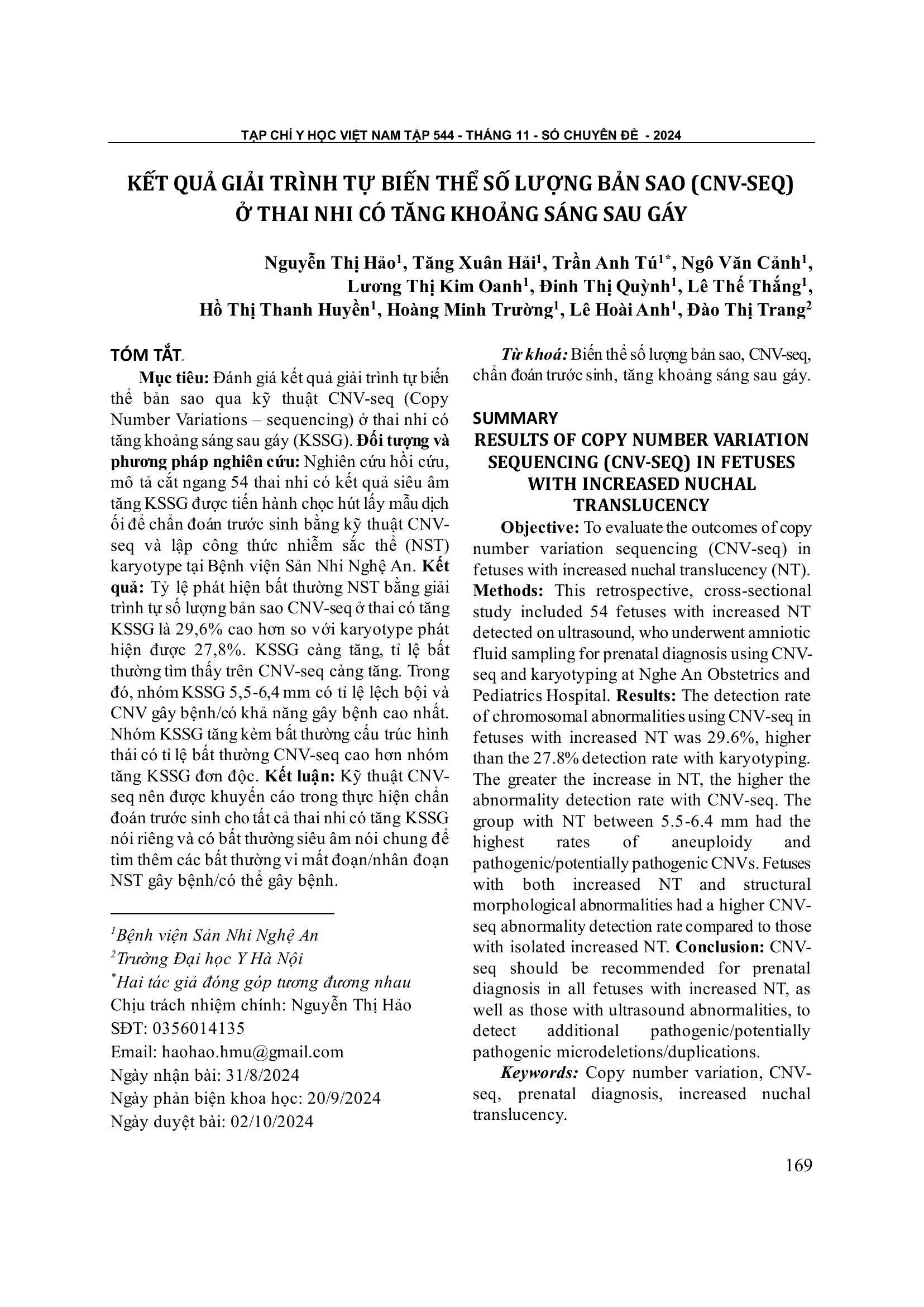 Kết quả giải trình tự biến thể số lượng bản sao (CNV-seq) ở thai nhi có tăng khoảng sáng sau gáy