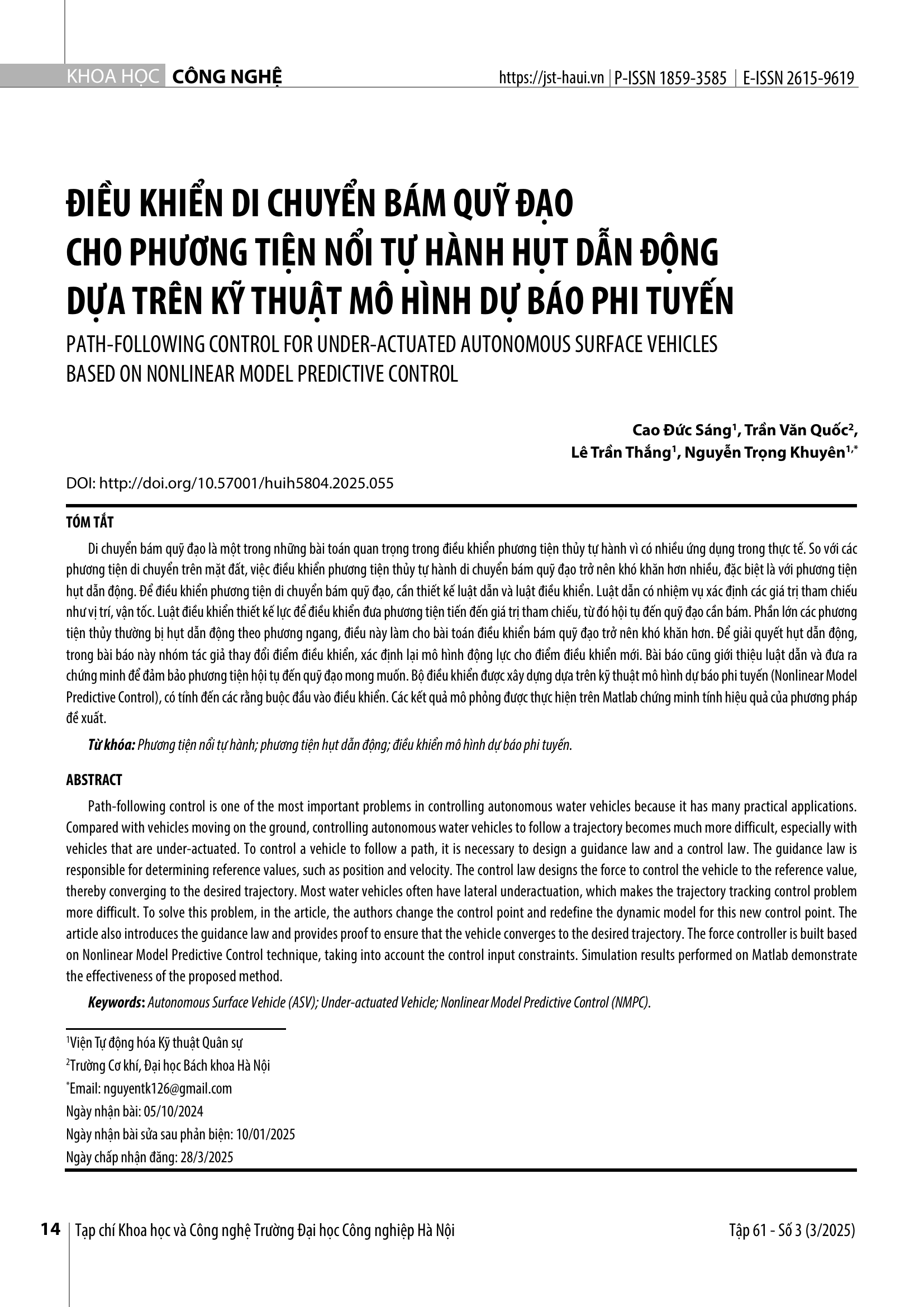 Điều khiển di chuyển bám quỹ đạo cho phương tiện nổi tự hành hụt dẫn động dựa trên kỹ thuật mô hình dự báo phi tuyến
