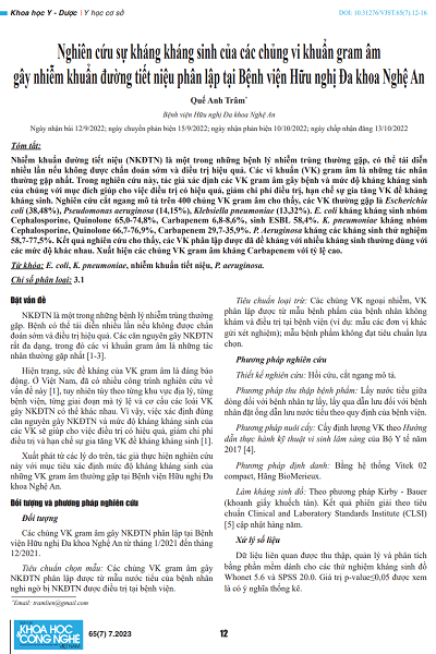 Nghiên cứu sự kháng kháng sinh của các chủng vi khuẩn gram âm gây nhiễm khuẩn đường tiết niệu phân lập tại Bệnh viện Hữu nghị Đa khoa Nghệ An