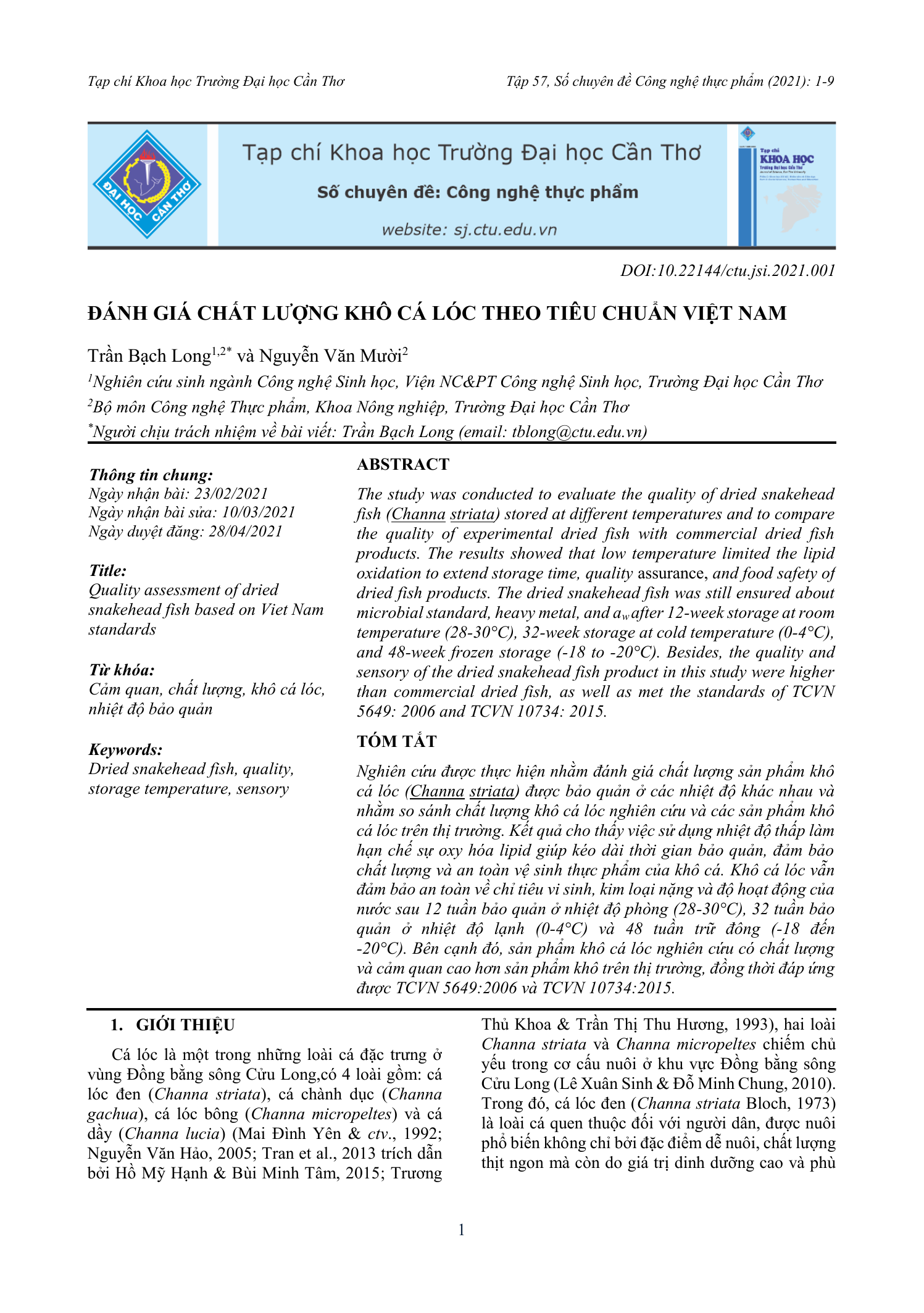 Đánh giá chất lượng khô cá lóc theo tiêu chuẩn Việt Nam