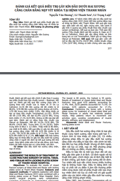 Đánh giá kết quả điều trị gãy kín đầu dưới hai xương cẳng chân bằng nẹp vít khóa tại Bệnh viện Thanh Nhàn