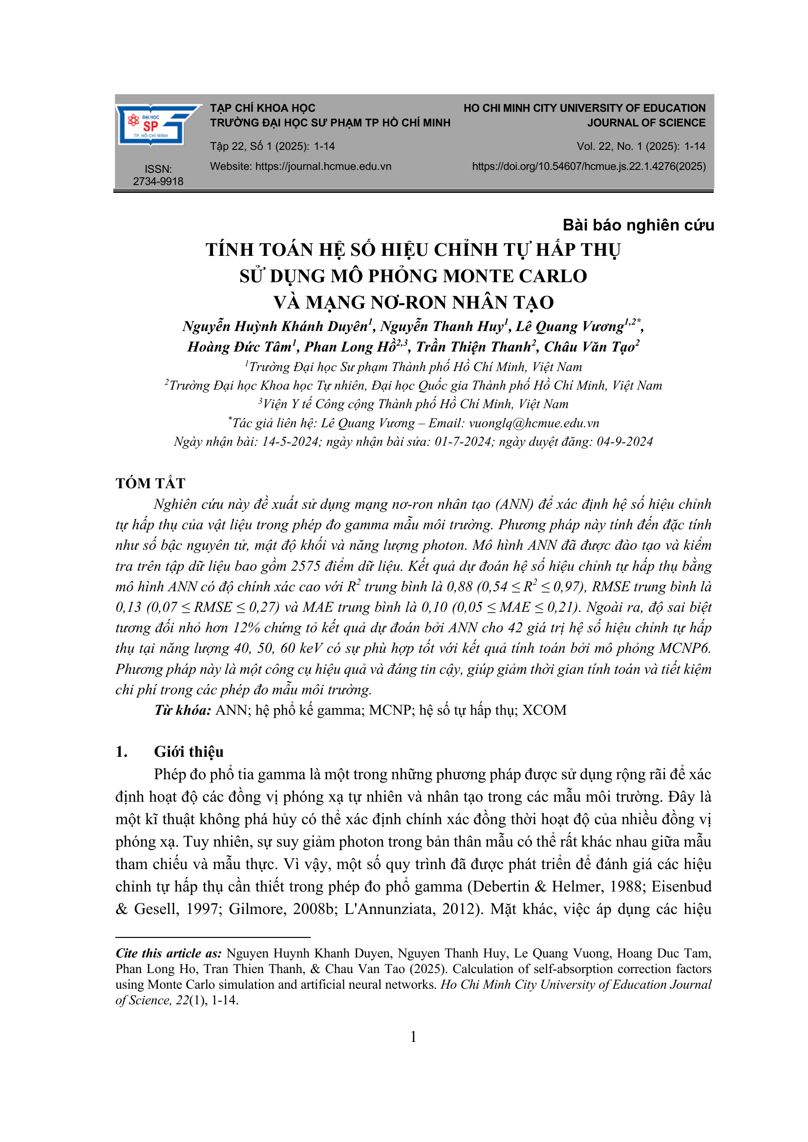 Tính toán hệ số hiệu chỉnh tự hấp thụ sử dụng mô phỏng Monte Carlo và mạng nơ-ron nhân tạo