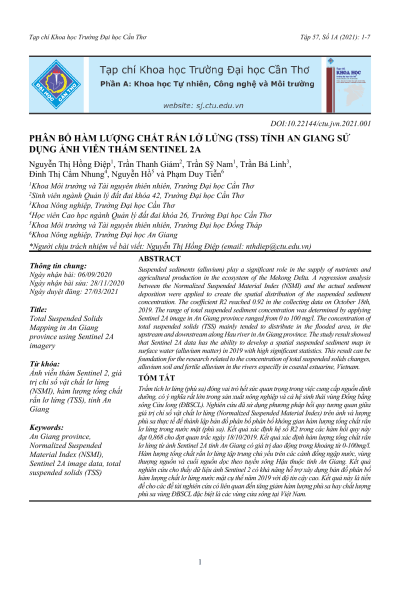 Phân bố hàm lượng chất rắn lơ lửng (TSS) tỉnh An Giang sử dụng ảnh viễn thám Sentinel 2A