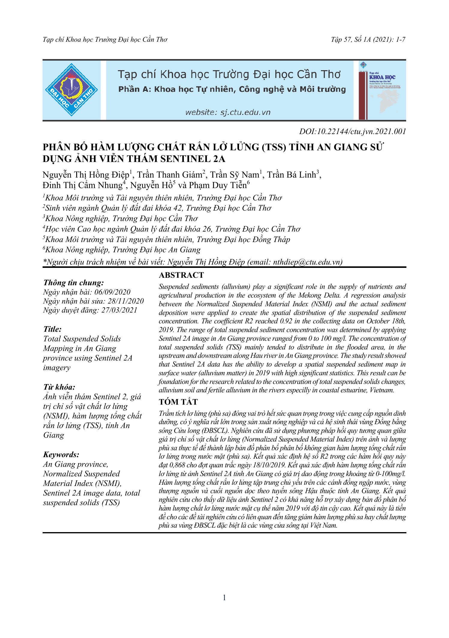 Phân bố hàm lượng chất rắn lơ lửng (TSS) tỉnh An Giang sử dụng ảnh viễn thám Sentinel 2A