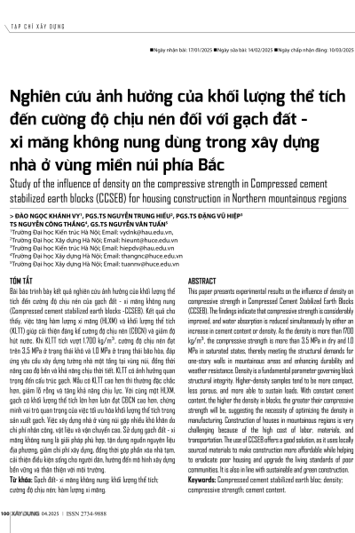 Nghiên cứu ảnh hưởng của khối lượng thể tích đến cường độ chịu nén đối với gạch đất - xi măng không nung dùng trong xây dựng nhà ở vùng miền núi phía Bắc