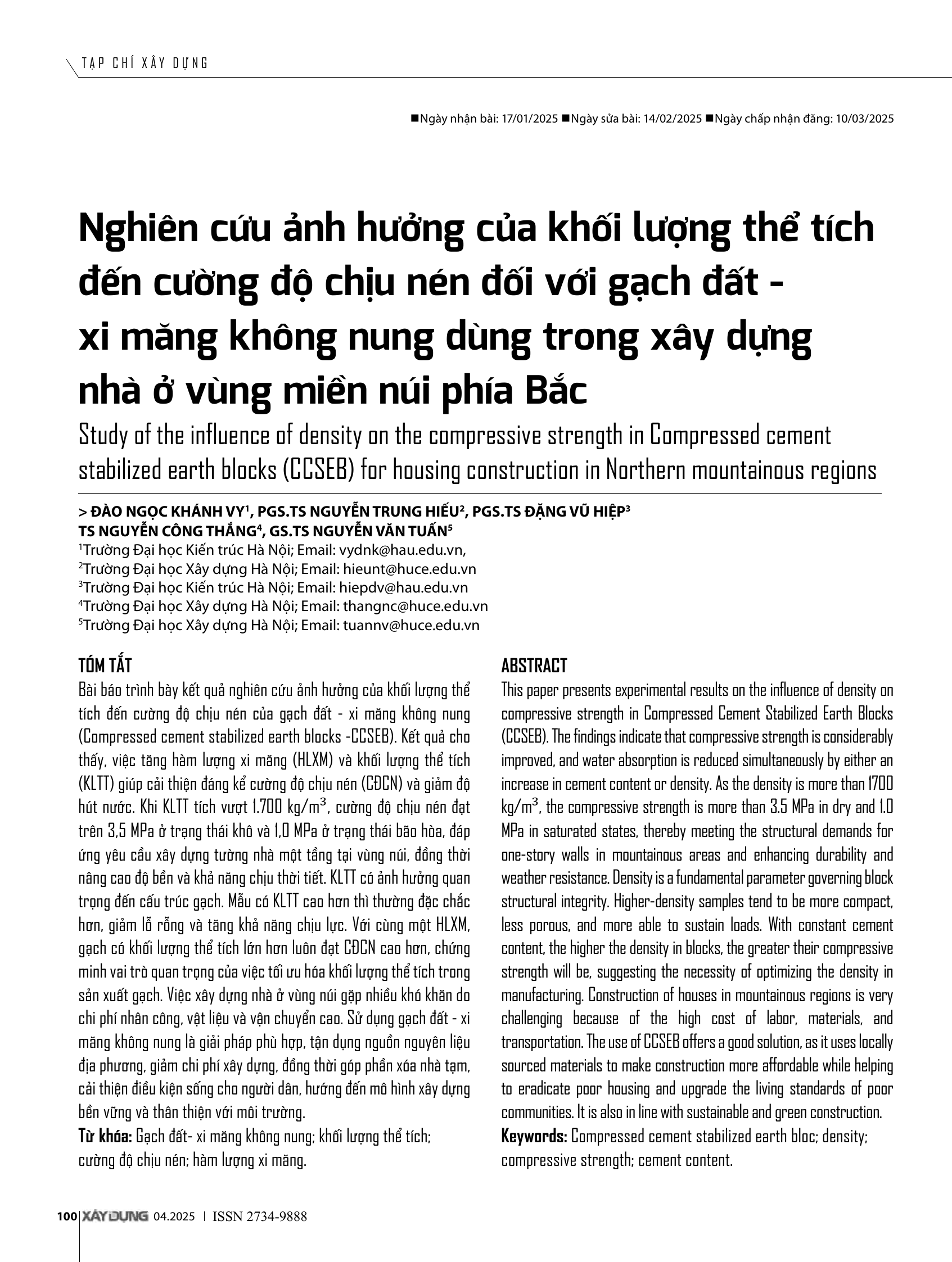 Nghiên cứu ảnh hưởng của khối lượng thể tích đến cường độ chịu nén đối với gạch đất - xi măng không nung dùng trong xây dựng nhà ở vùng miền núi phía Bắc