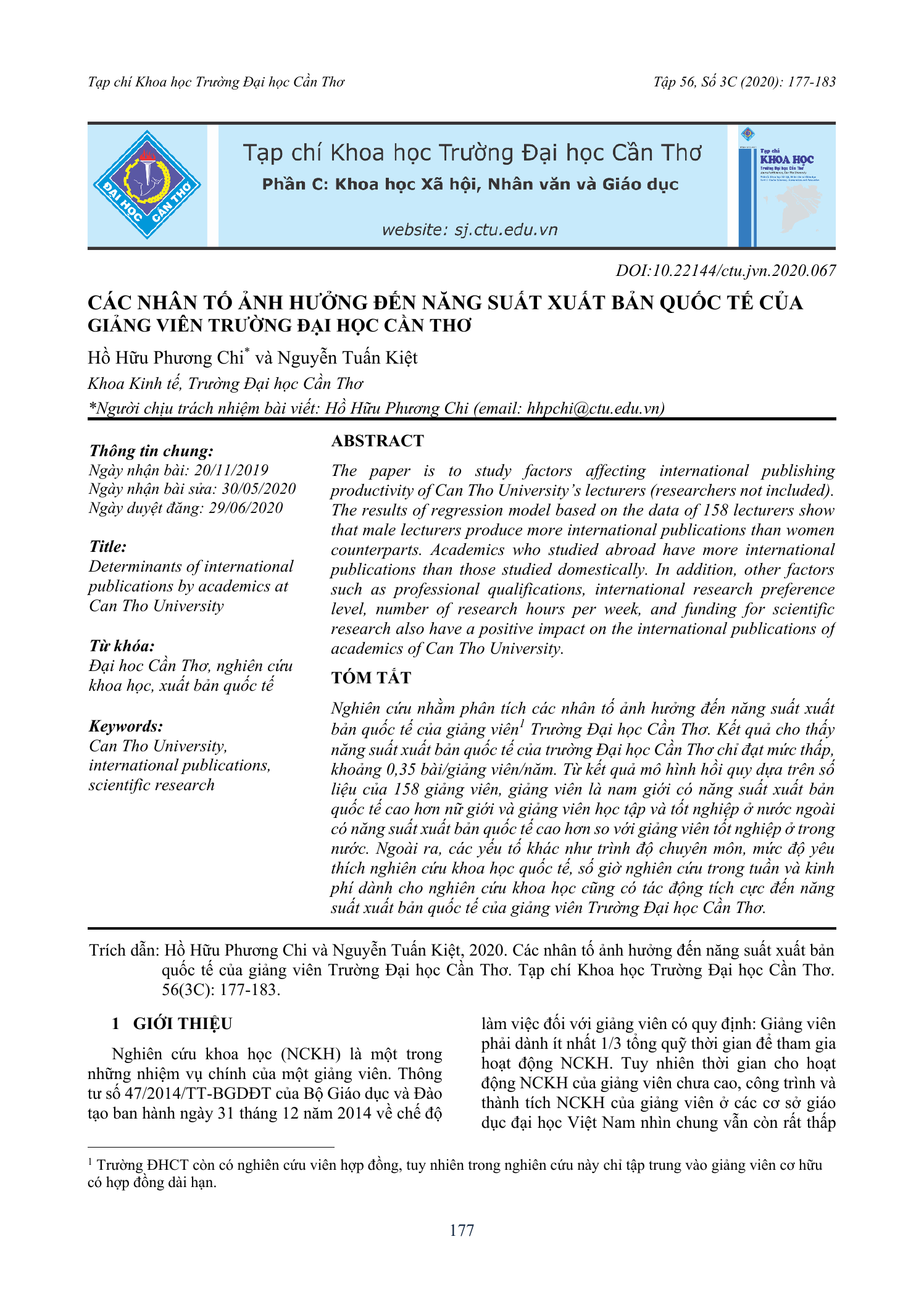 Các nhân tố ảnh hưởng đến năng suất xuất bản quốc tế của giảng viên Trường Đại học Cần Thơ