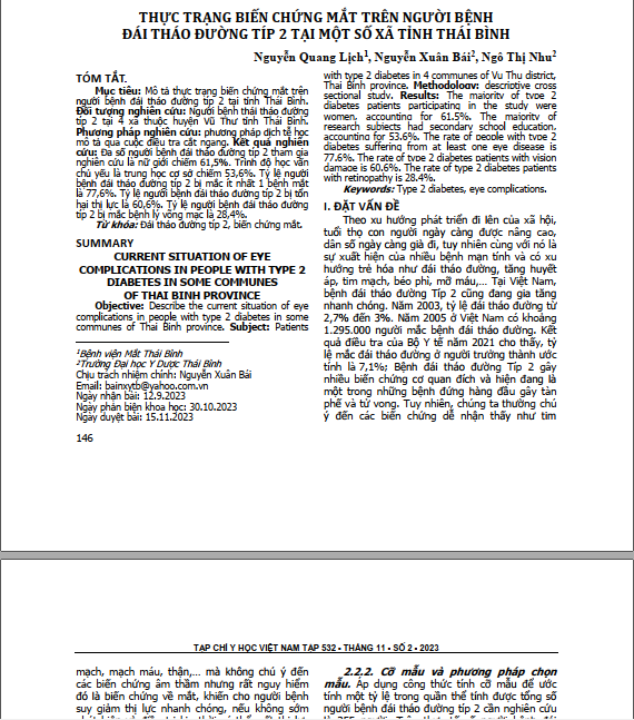 Thực trạng biến chứng mắt trên người bệnh đái tháo đường típ 2 tại một số xã tỉnh Thái Bình