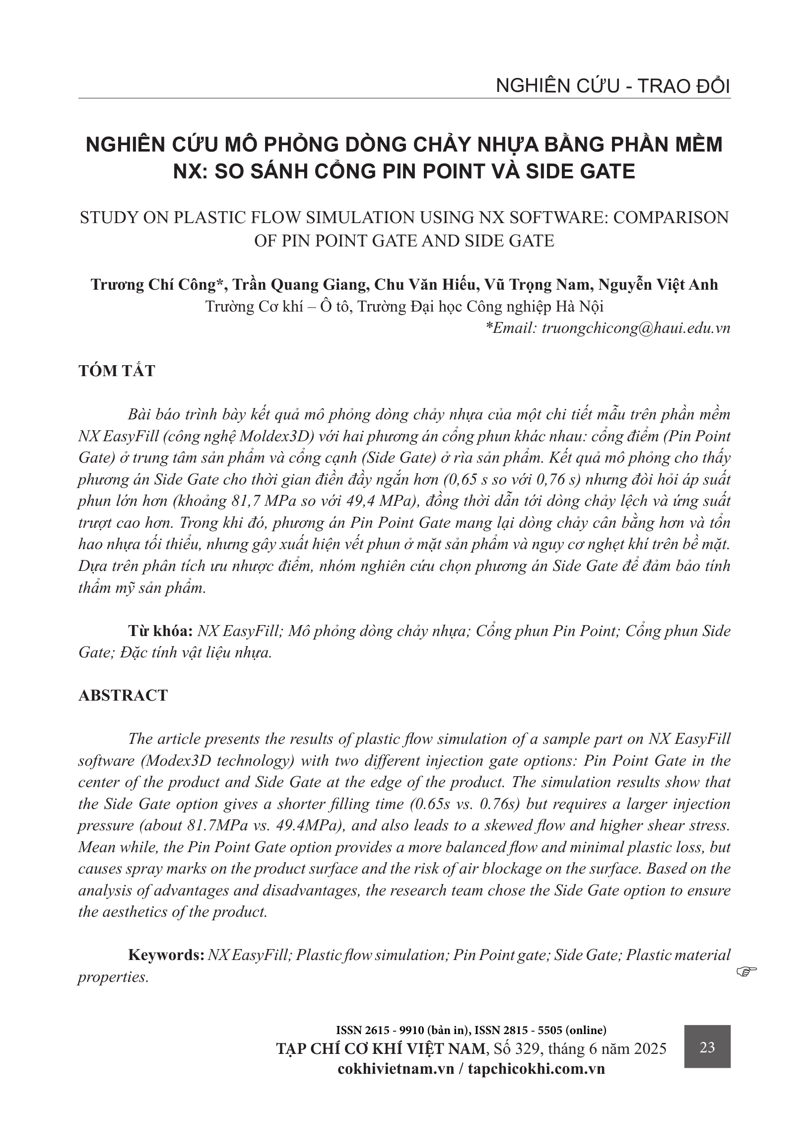 Nghiên cứu mô phỏng dòng chảy nhựa bằng phần mềm NX: So sánh cổng Pin Point và Side Gate