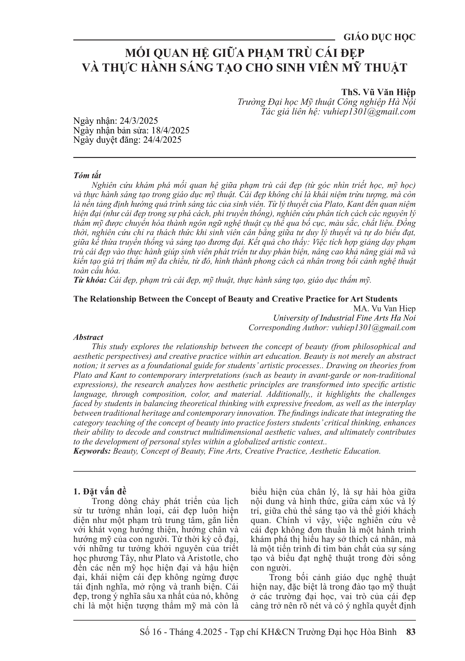 Mối quan hệ giữa phạm trù cái đẹp và thực hành sáng tạo cho sinh viên mỹ thuật