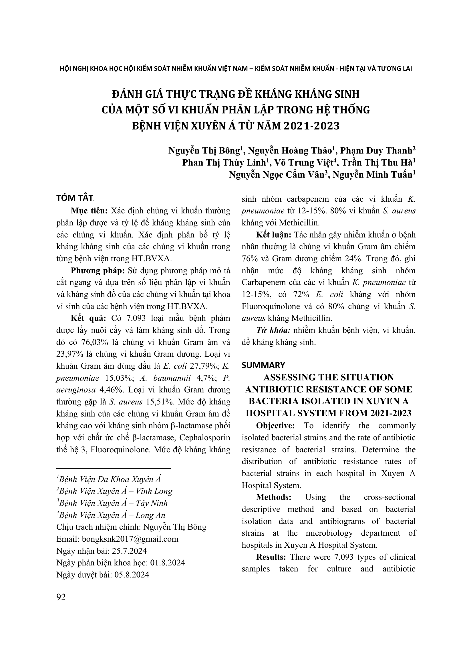 Đánh giá thực trạng đề kháng kháng sinh của một số vi khuẩn phân lập trong hệ thống Bệnh viện Xuyên Á từ năm 2021-2023