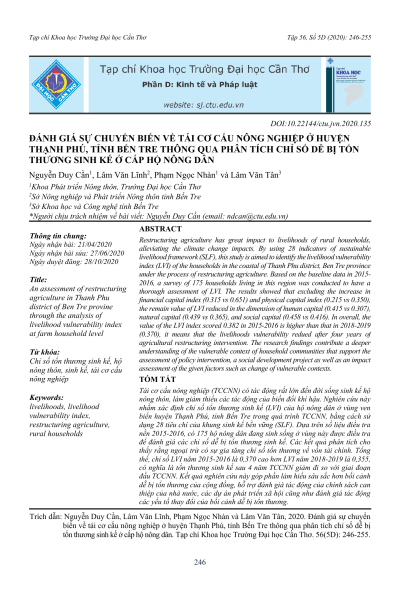 Đánh giá sự chuyển biến về tái cơ cấu nông nghiệp ở huyện Thạnh Phú, tỉnh Bến Tre thông qua phân tích chỉ số dễ bị tổn thương sinh kế ở cấp hộ nông dân