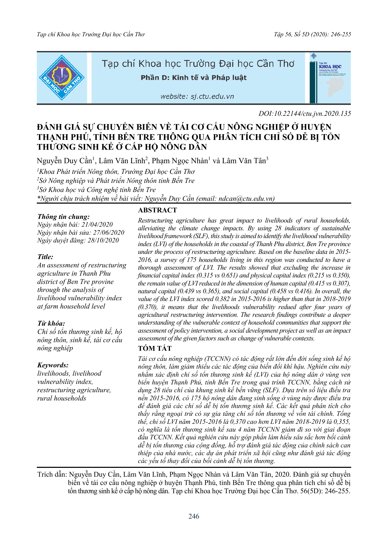 Đánh giá sự chuyển biến về tái cơ cấu nông nghiệp ở huyện Thạnh Phú, tỉnh Bến Tre thông qua phân tích chỉ số dễ bị tổn thương sinh kế ở cấp hộ nông dân