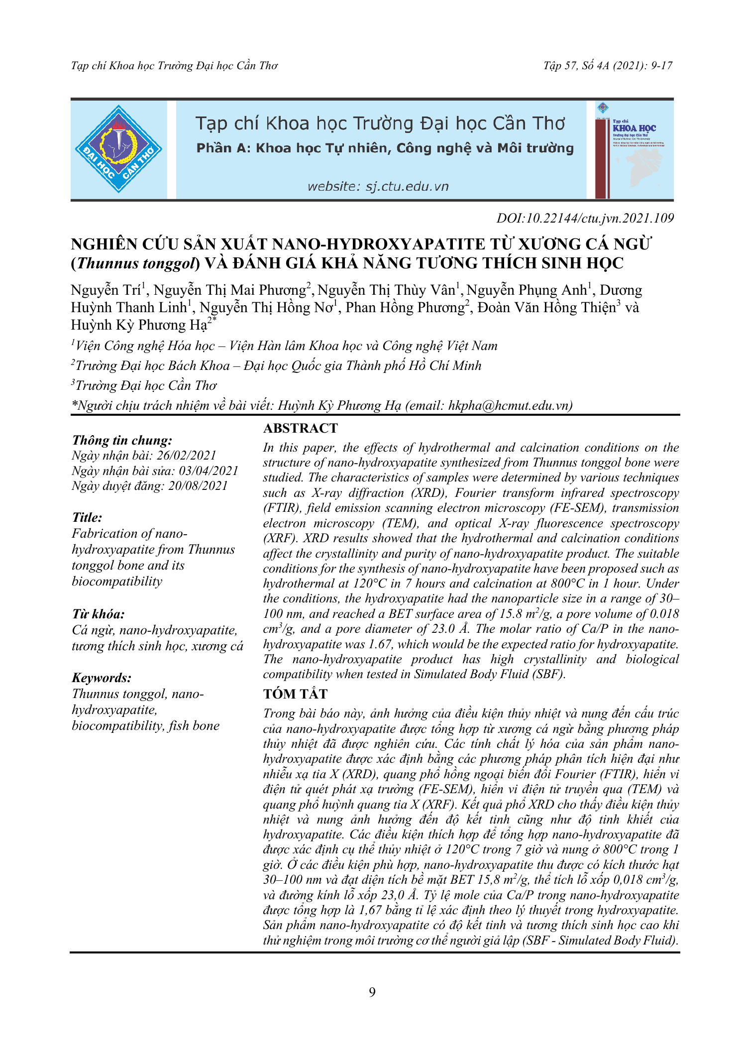 Nghiên cứu sản xuất nano-hydroxyapatite từ xương cá ngừ (Thunnus tonggol) và đánh giá khả năng tương thích sinh học