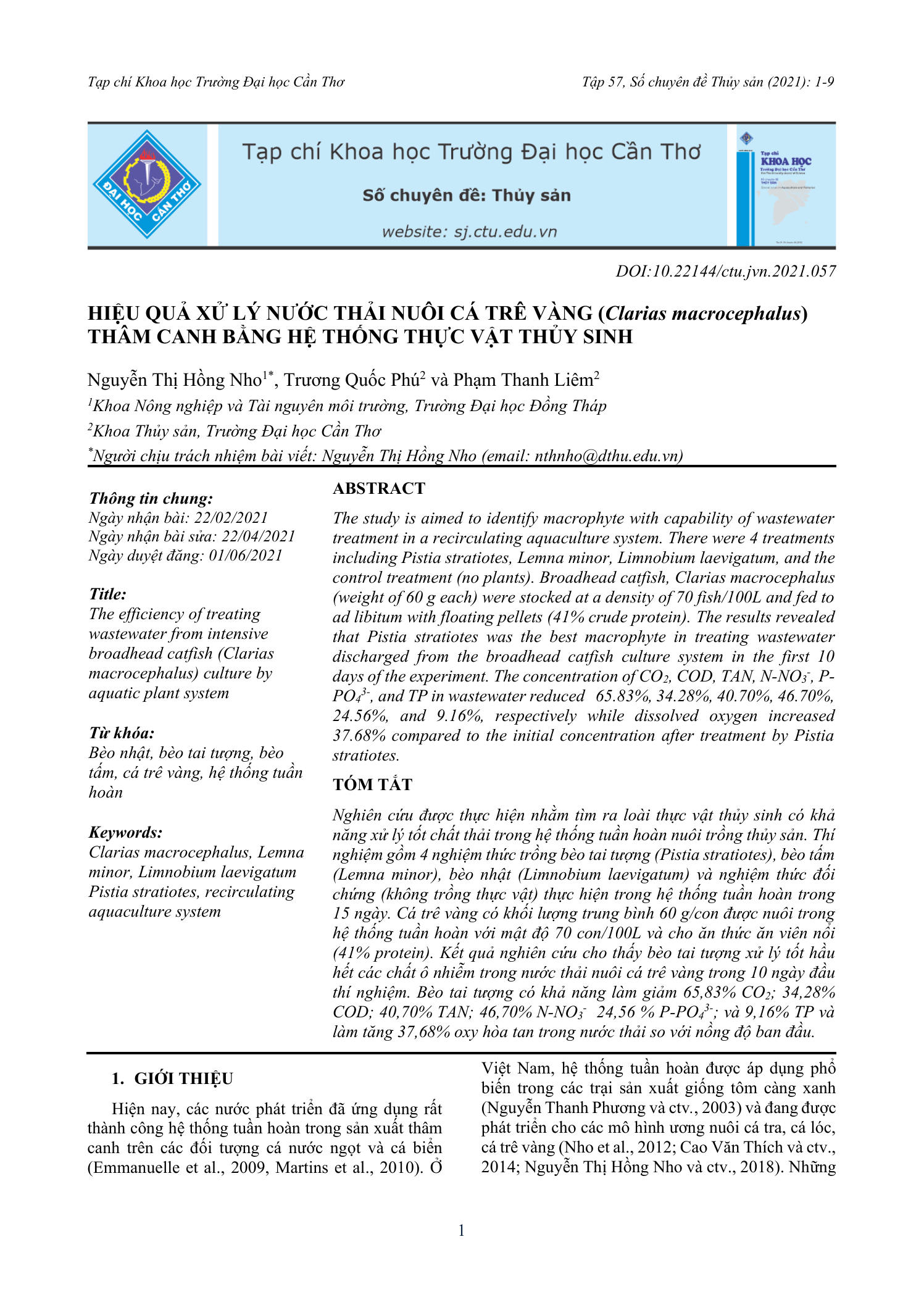 Hiệu quả xử lý nước thải nuôi cá trê vàng thâm canh bằng hệ thống thực vật thủy sinh