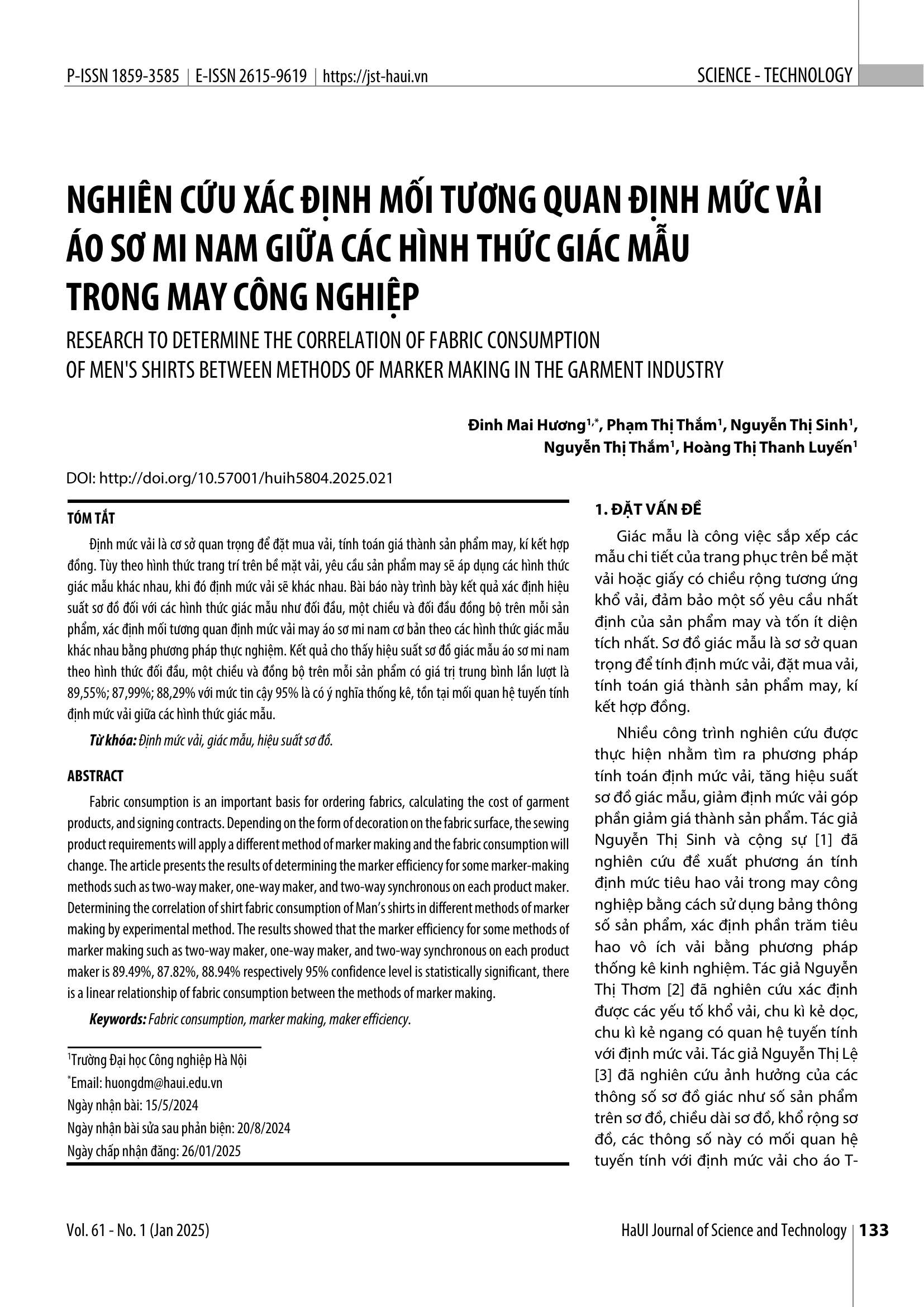 Nghiên cứu xác định mối tương quan định mức vải áo sơ mi nam giữa các hình thức giác mẫu trong may công nghiệp