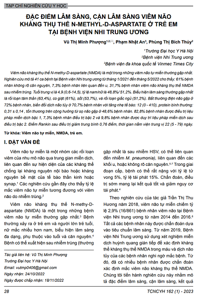 ĐẶC ĐIỂM LÂM SÀNG, CẬN LÂM SÀNG VIÊM NÃO KHÁNG THỤ THỂ N-METHYL-D-ASPARTATE Ở TRẺ EM TẠI BỆNH VIỆN NHI TRUNG ƯƠNG