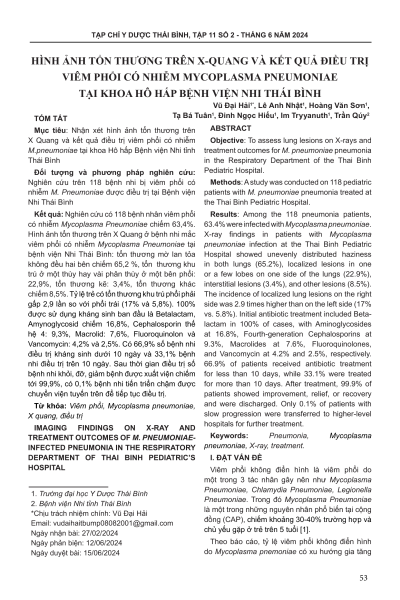 Hình ảnh tổn thương trên X-quang và kết quả điều trị viêm phổi có nhiễm Mycoplasma  Pneumoniae tại khoa hô hấp Bệnh viện Nhi Thái Bình