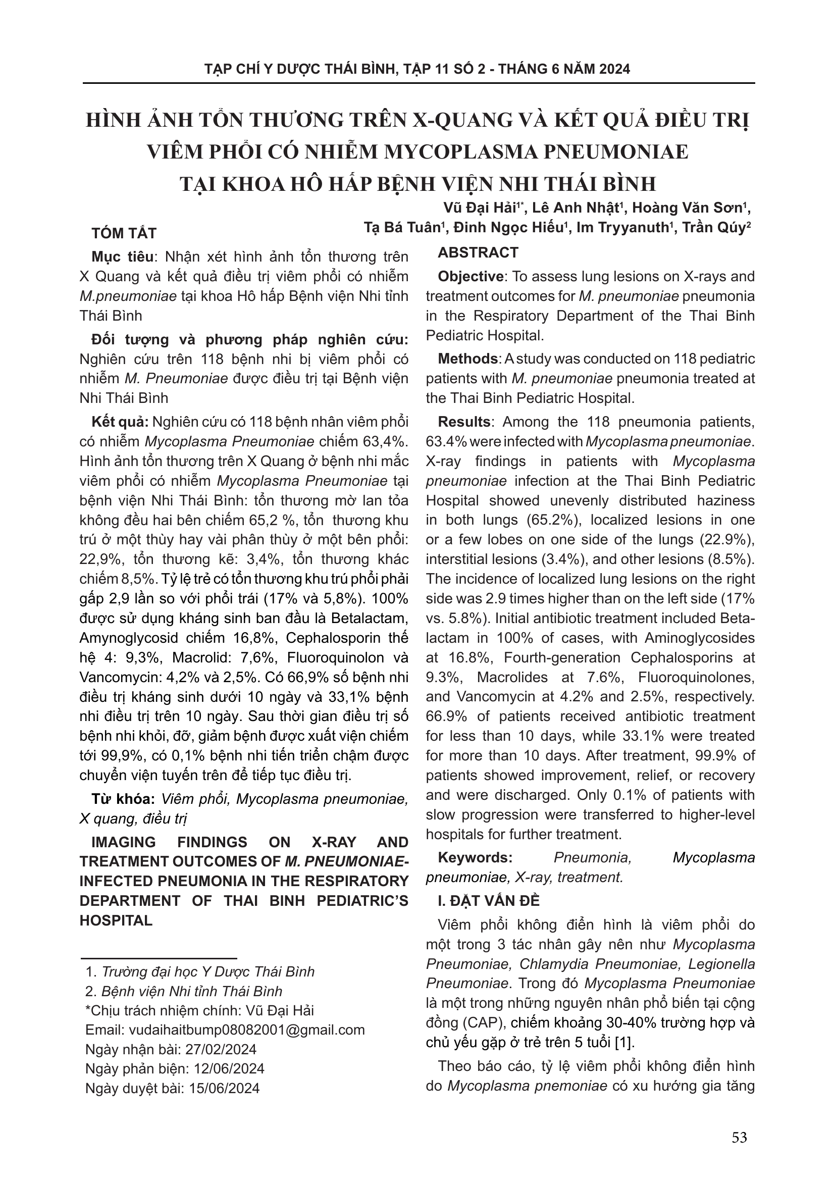 Hình ảnh tổn thương trên X-quang và kết quả điều trị viêm phổi có nhiễm Mycoplasma  Pneumoniae tại khoa hô hấp Bệnh viện Nhi Thái Bình