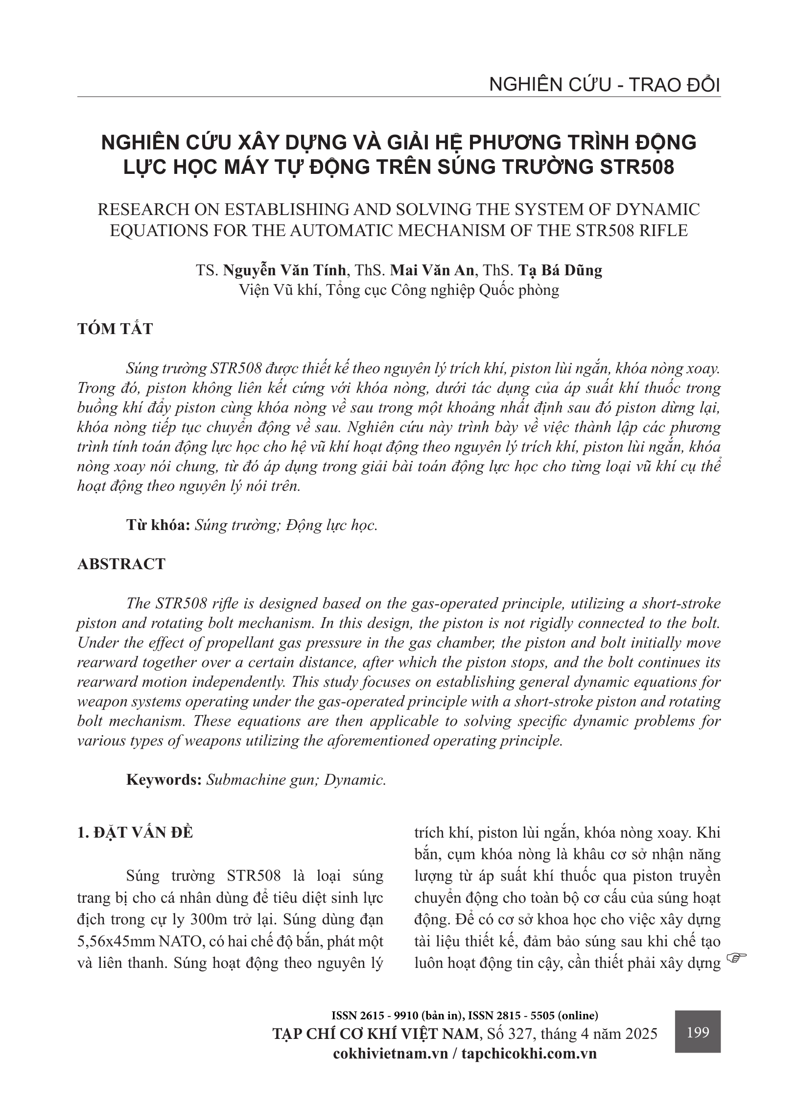 Nghiên cứu xây dựng và giải hệ phương trình động lực học máy tự động trên súng trường STR508