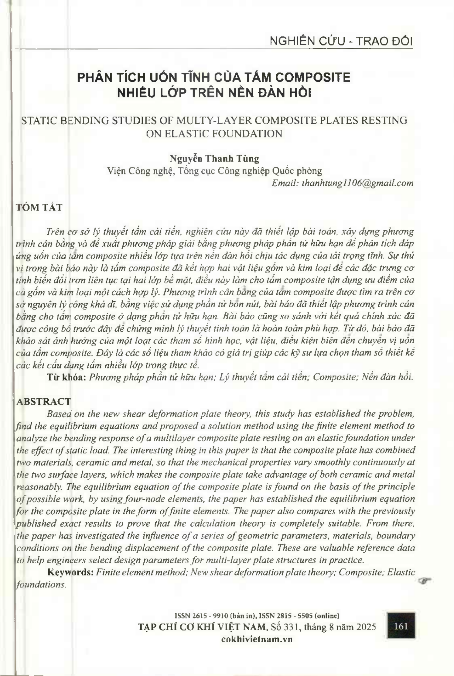 Phân tích uốn tĩnh của tấm composite nhiều lớp trên nền đàn hồi