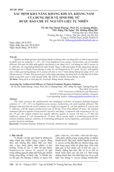 Xác định khả năng kháng khuẩn, kháng nấm của dung dịch vệ sinh phụ nữ được bào chế từ nguyên liệu tự nhiên