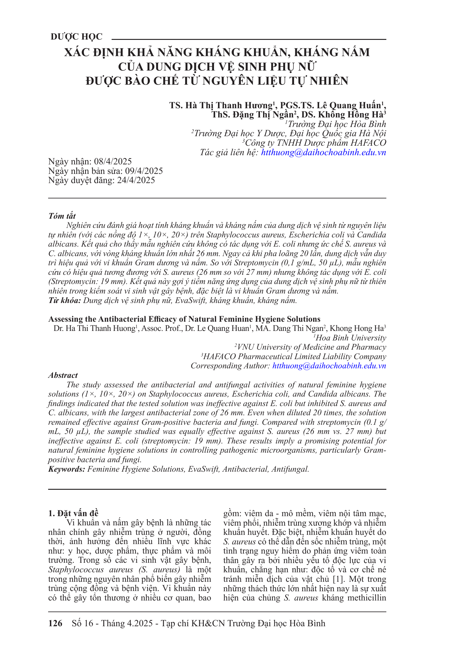 Xác định khả năng kháng khuẩn, kháng nấm của dung dịch vệ sinh phụ nữ được bào chế từ nguyên liệu tự nhiên