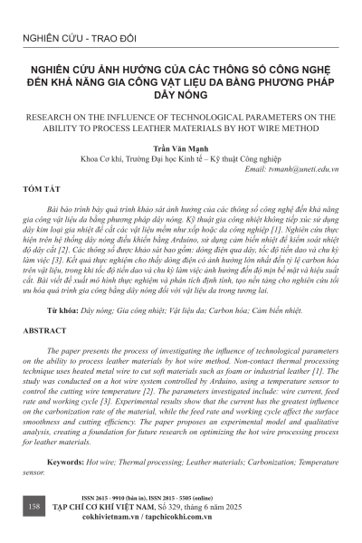 Nghiên cứu ảnh hưởng của các thông số công nghệ đến khả năng gia công vật liệu da bằng phương pháp dây nóng