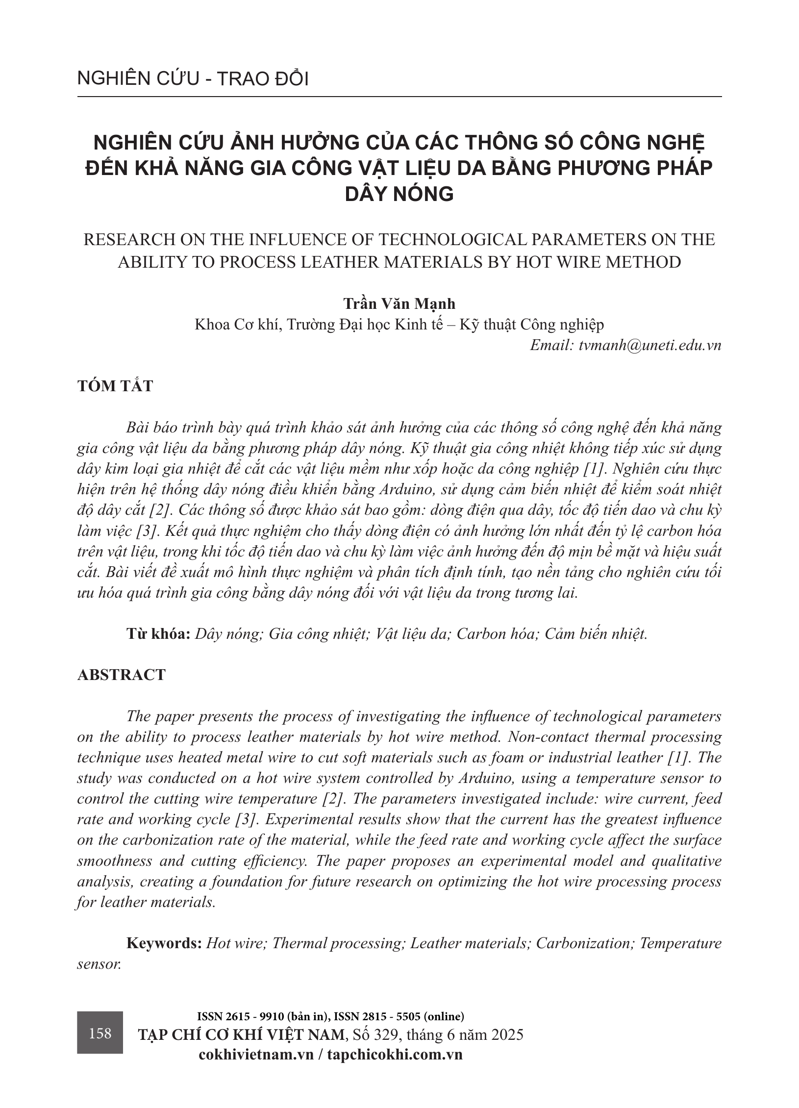 Nghiên cứu ảnh hưởng của các thông số công nghệ đến khả năng gia công vật liệu da bằng phương pháp dây nóng