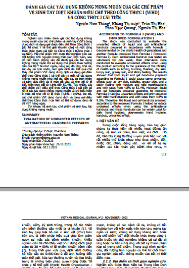 Đánh giá các tác dụng không mong muốn của các chế phẩm vệ sinh tay diệt khuẩn điều chế theo công thức I (WHO) và công thức I cải tiến